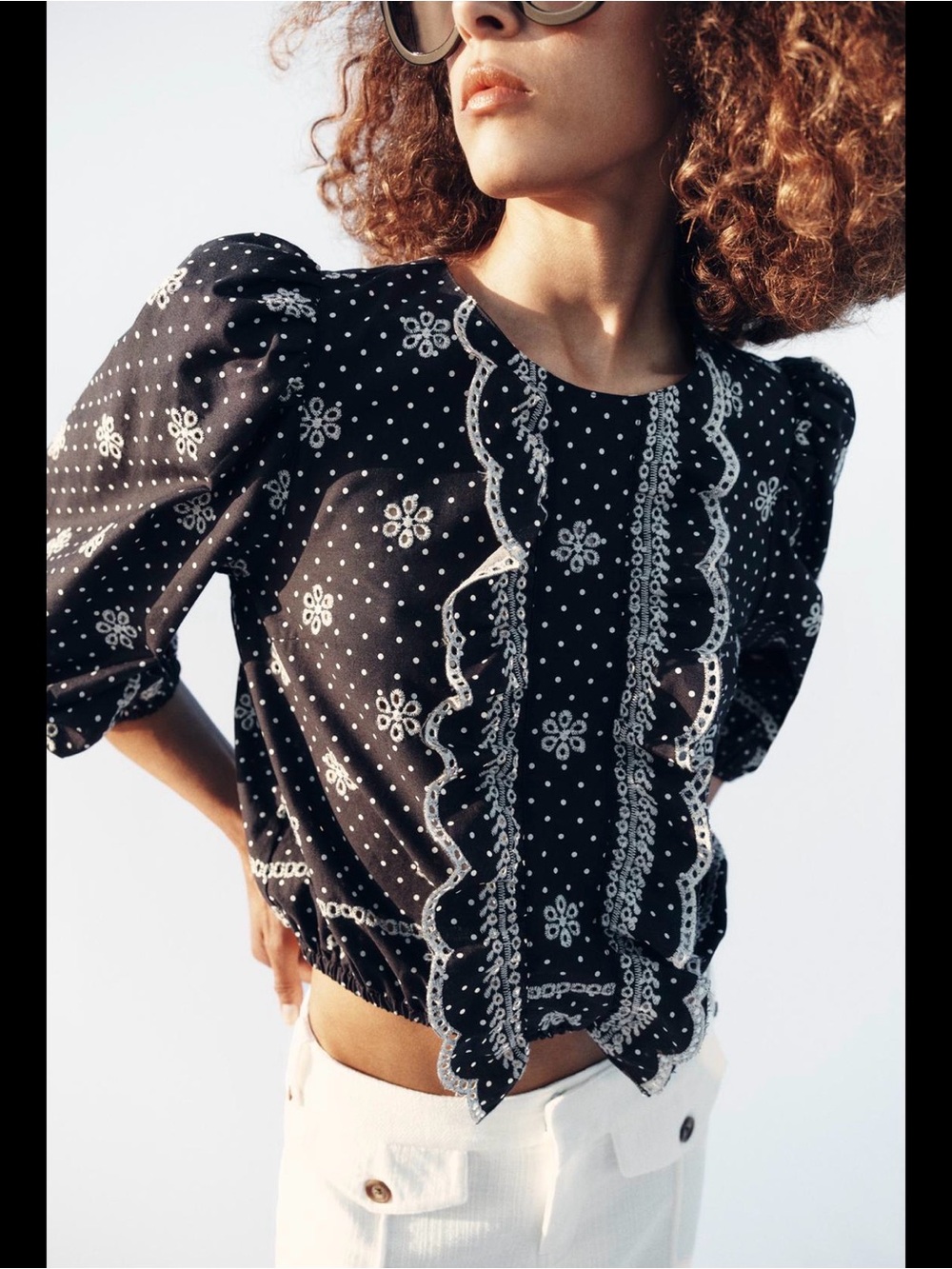 NWT Zara Women's Navy & White Embroidered Puff-Sleeve Blouse